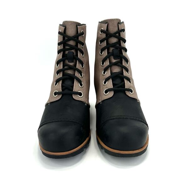 Sorel PDX Black/Tan Wedge Bootie Size 10 Leather/Canvas Waterproof Lace-Up New - Picture 13 of 15